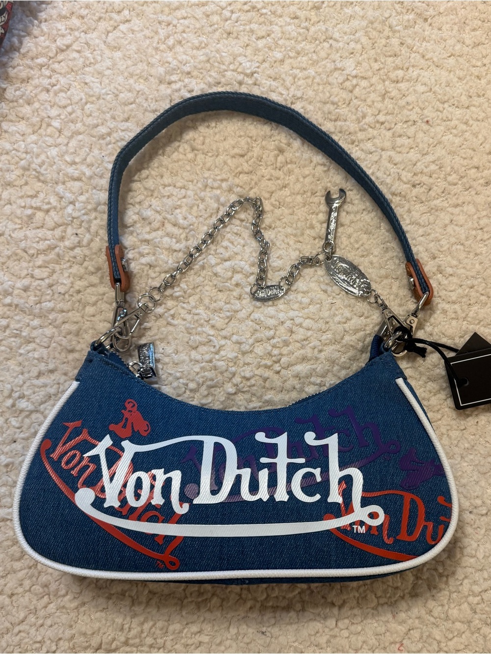 Von Dutch Denim Mini Shoulder Bag with White Logo and Multicolor Graphics